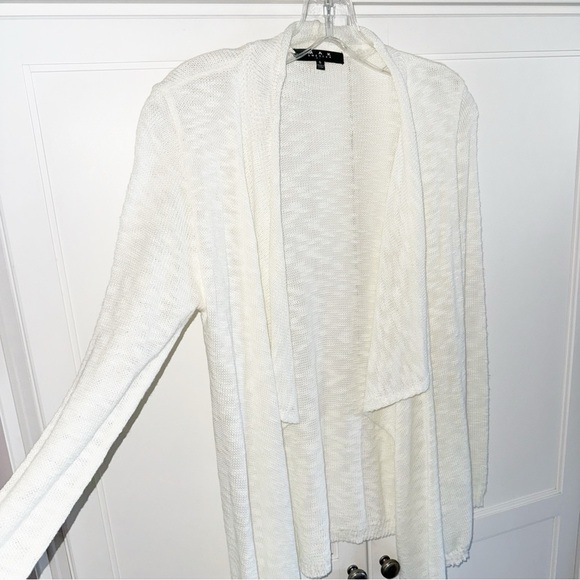 MAK Creamy White Long Sleeve Sheer Slub Open Front Cardigan Sweater Sz Small - Picture 6 of 10